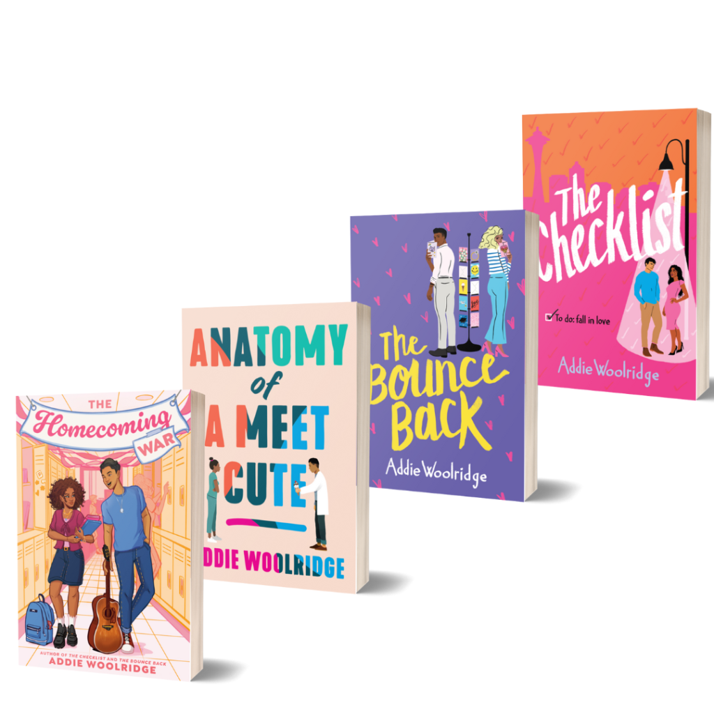 Four book covers: The Checklist, The Bounce Back, Anatomy of a Meet Cute, The Homecoming War 